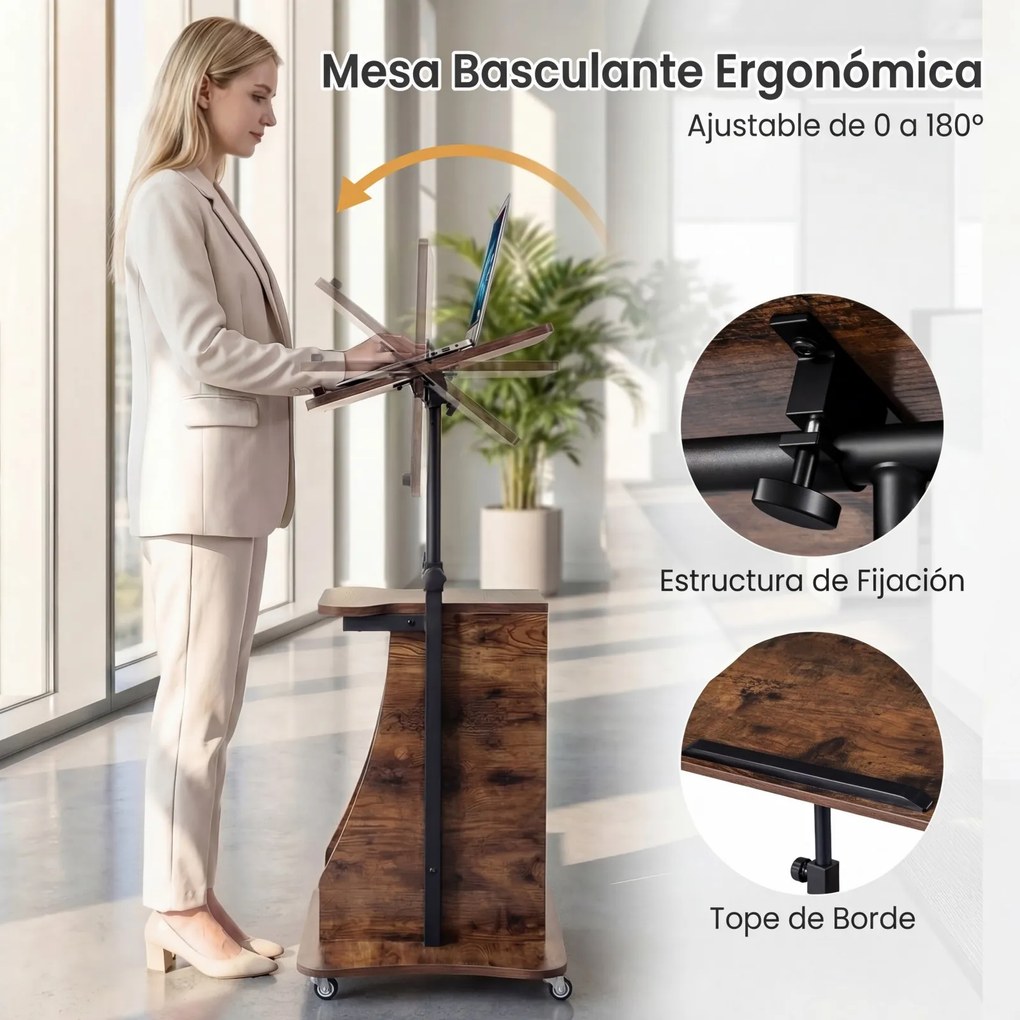 Mesa de Orador Móvel, 50 x 40 x 72-112 cm, Altura Ajustável, Castanho