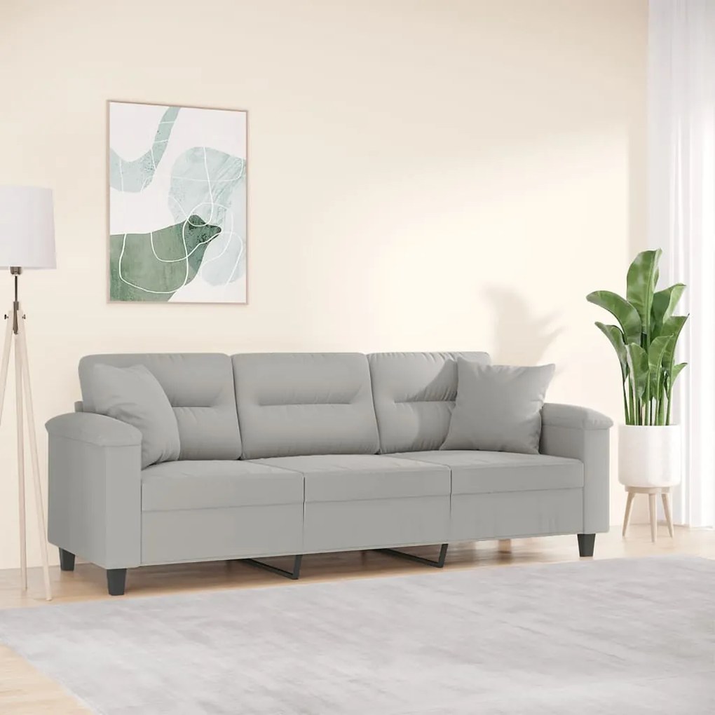 Sofá 3 lugares c/ almofadas 180 cm microfibra cinzento-claro
