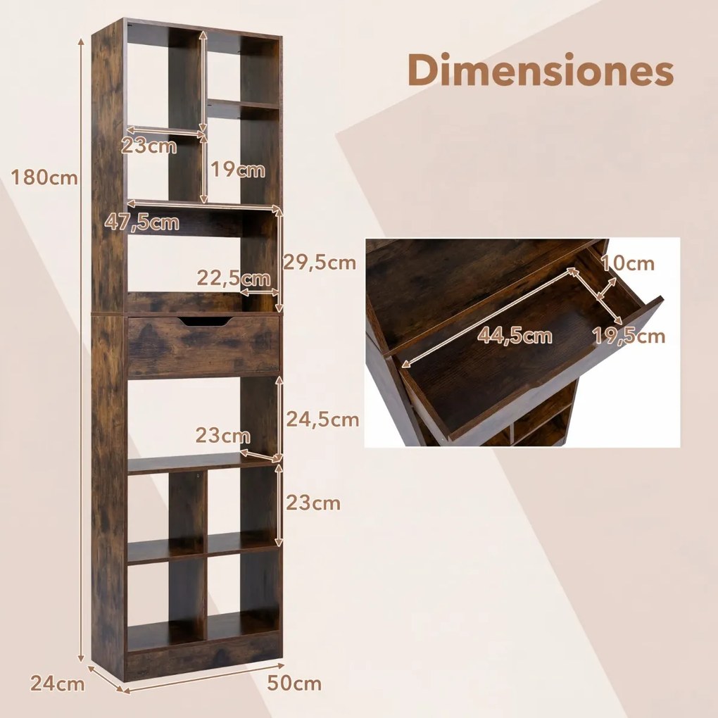 Estante de 50 x 24 x 180 cm com gaveta, 10 cubos, 2 protetores anti-tombamento e almofadas antiderrapantes para sala, escritório ou estúdio, em castan