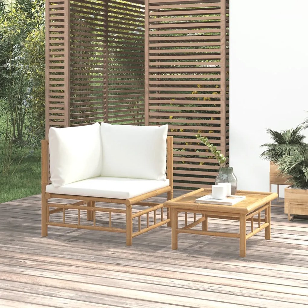 vidaXL 2 pcs conjunto lounge de jardim bambu c/ almofadões branco nata