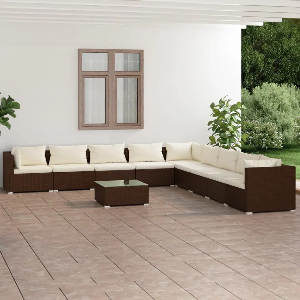vidaXL 10 pcs conjunto lounge jardim c/ almofadões vime PE castanho