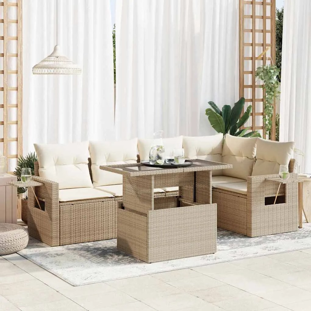 vidaXL 6 pcs conjunto de sofás p/ jardim com almofadões vime PE bege