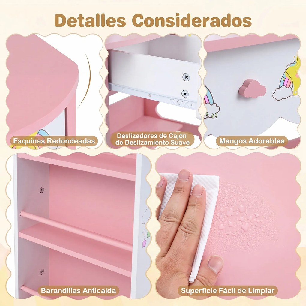 Conjunto de Toucador Infantil com Banco, 80 x 40 x 110 cm, Design 2 em 1, Cor-de-rosa