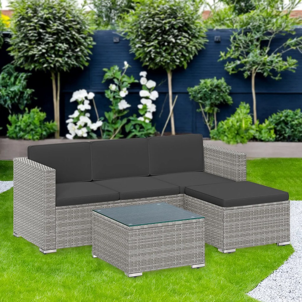 Conjunto de jardim, mobiliário de pátio em Polyrattan, mobiliário de varanda com almofadas e mesa de vidro Cinzento