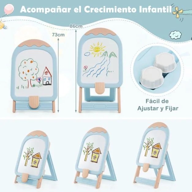Cavalete de arte dobrável com altura ajustável, cadeira, marcadores, apagador a seco e brinquedos magnéticos azul