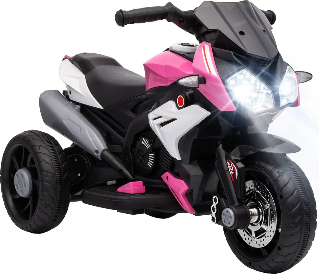 Mota Elétrica Infantil 6V de 3 Rodas com Pedal, Farol LED, Música e Buzina para Crianças de 3 a 5 Anos, Rosa