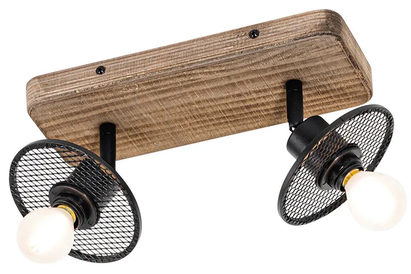 Candeeiro de teto industrial preto com madeira 2 luzes - Jasmine
