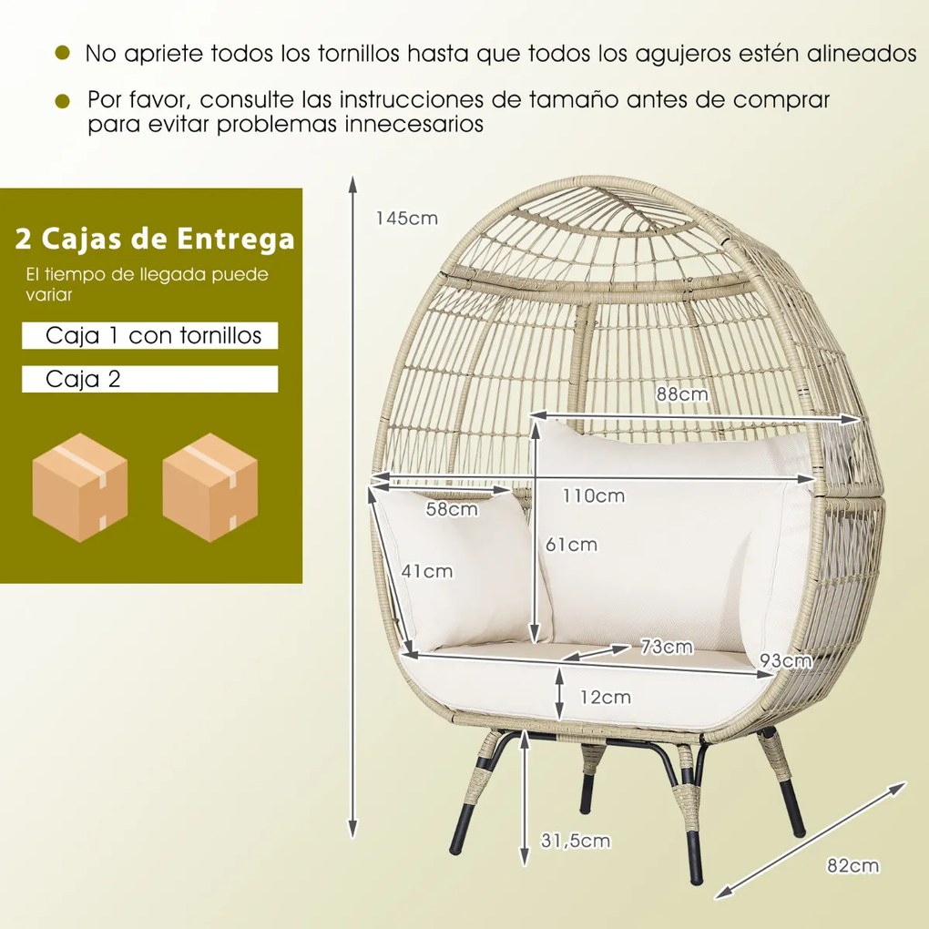 Cadeira Ovo de vime para jardim com capacidade para 205 kg e 4 almofadas Estrutura metálica robusta 110 x 82 x 145 cm Castanho claro