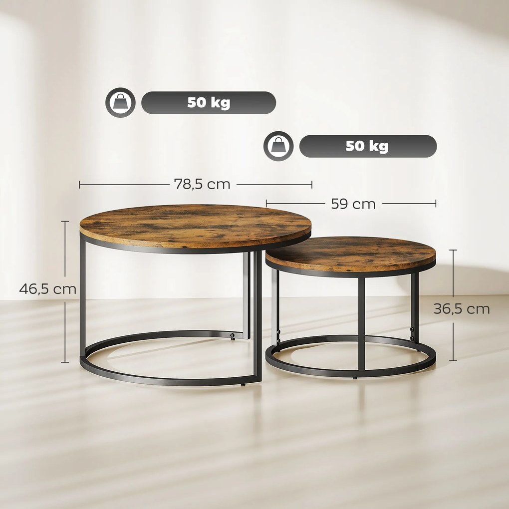 Conjunto de 2 mesas baixas encaixáveis e empilháveis, de design industrial, com tampo em imitação de cimento e pés em metal castanho rústico