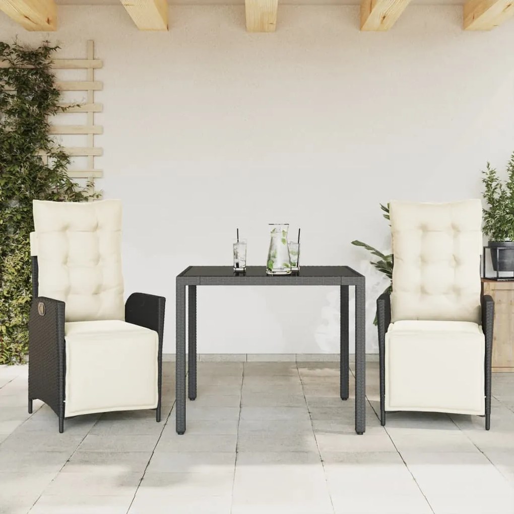 vidaXL 3 pcs conjunto de jantar p/ jardim c/ almofadões vime PE preto