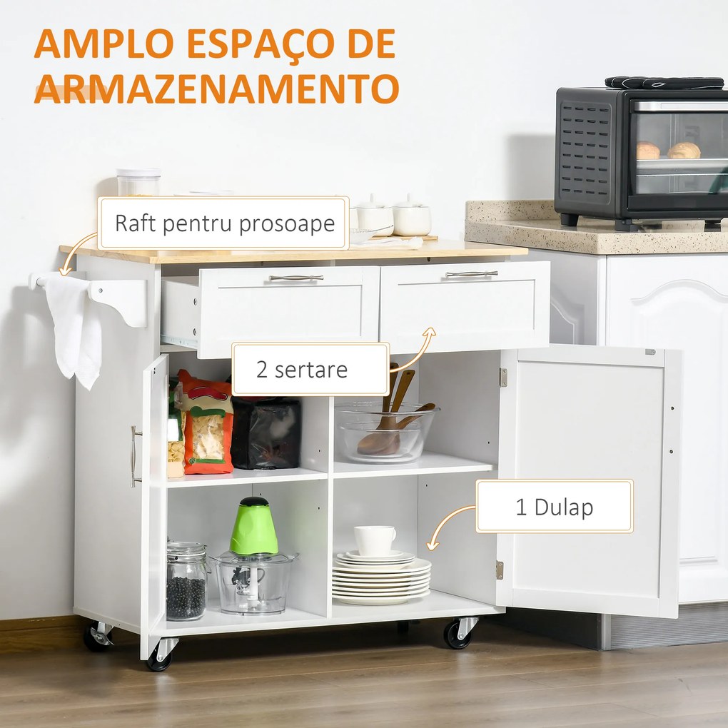 Carrinho de Cozinha com Rodas Móvel Auxiliar de Cozinha com 2 Gavetas 2 Portas Prateleira Ajustável 104x46x91 cm Branco
