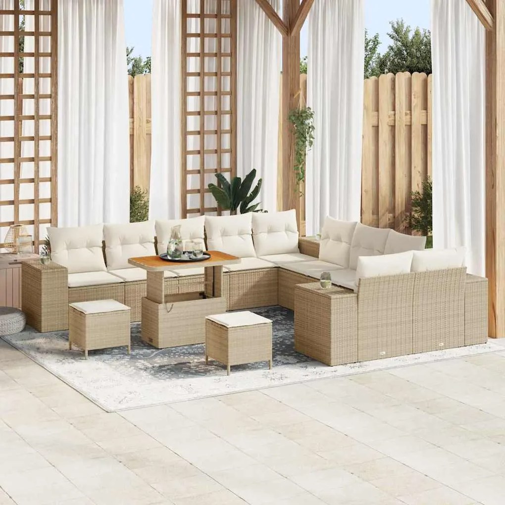 vidaXL Conjunto de Sofá de Jardim com Almofadas em Rattan Sintético Bege e Acácia