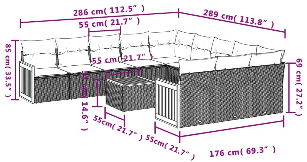 12 pcs conjunto de sofás p/ jardim com almofadões vime PE bege