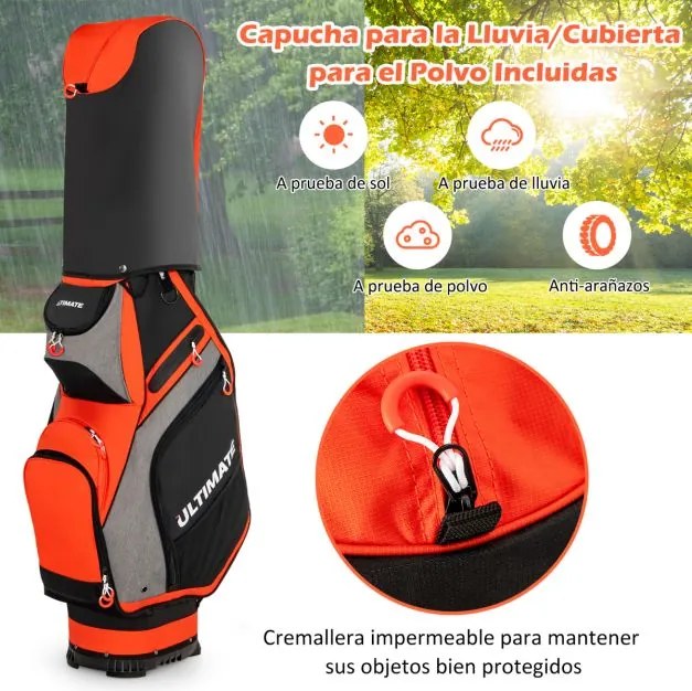 Saco para golfe Bolsa leve e portátil com 14 divisórias, 7 bolsos, capa para chuva, 42 x 31 x 91,5 cm Vermelho alaranjado