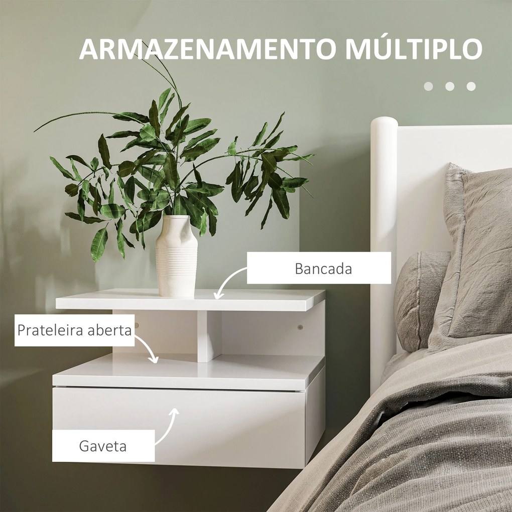Conjunto de 2 Mesas de Cabeceira Flutuantes – Com Gaveta e Prateleira