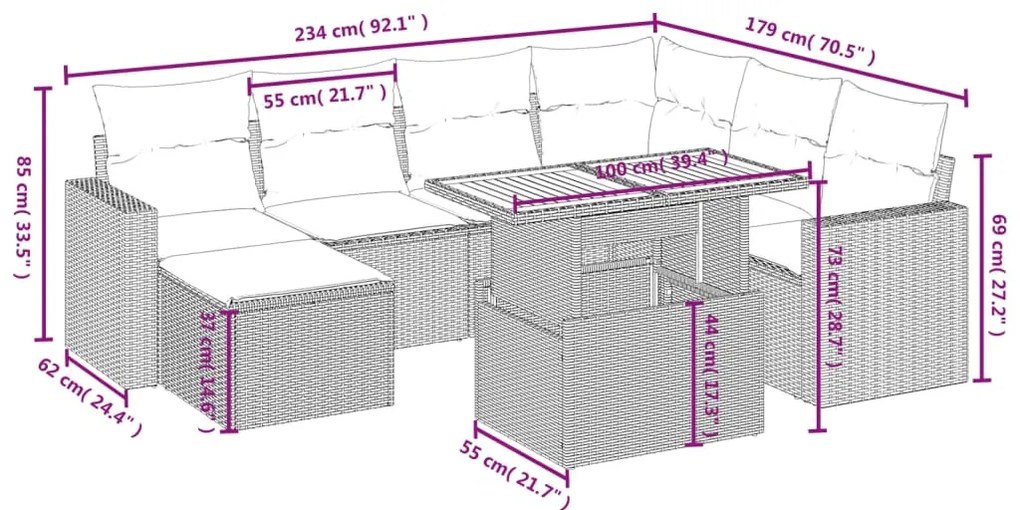 8 pcs conjunto sofás de jardim com almofadões vime PE preto