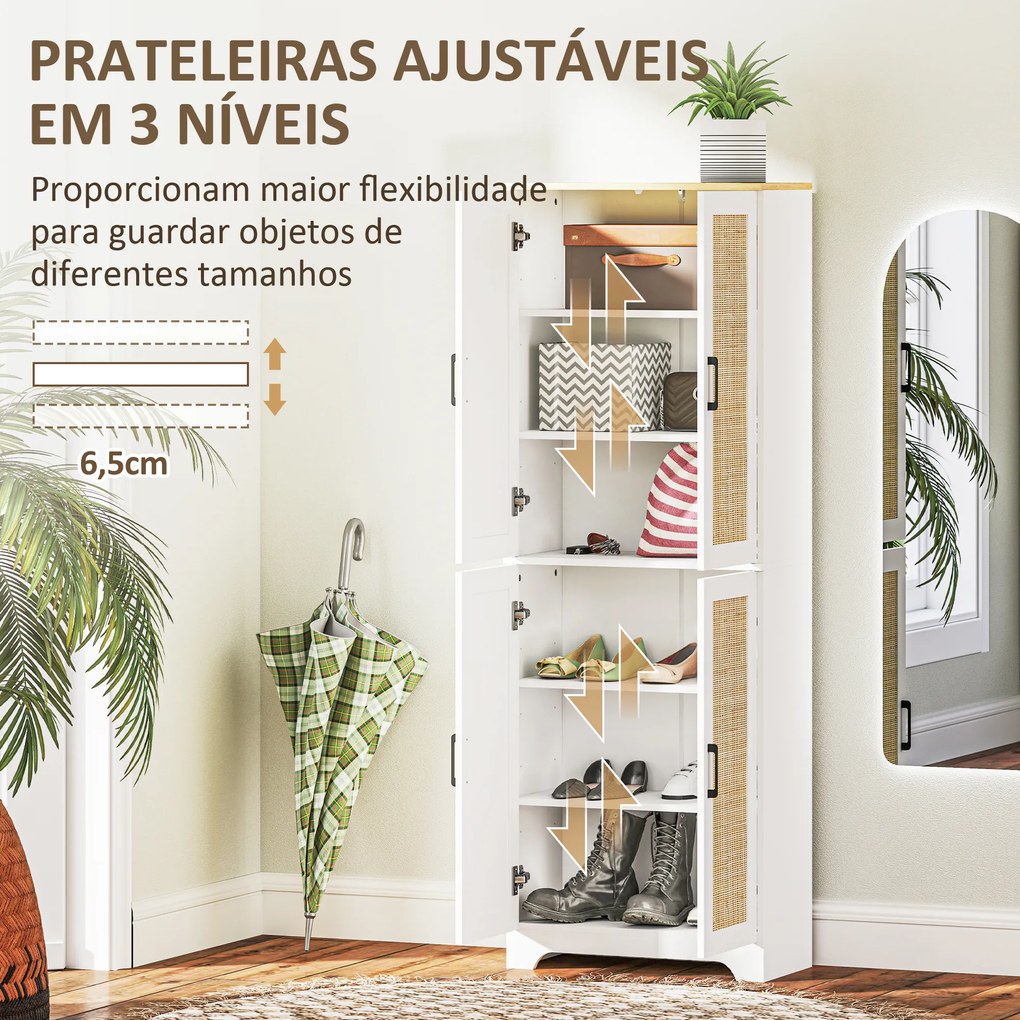 Armário de Cozinha com Prateleiras Ajustáveis Portas em Vime e Sistema Anti-Tombo 60x30x170 com Branco