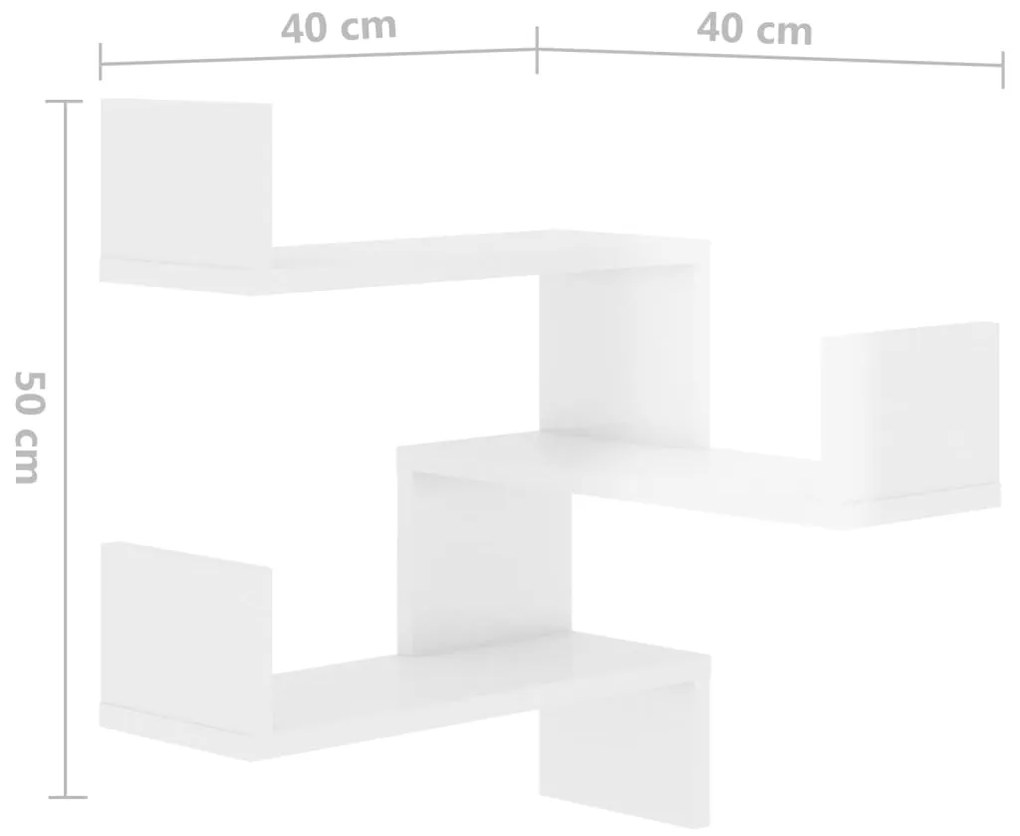 Estantes canto p/ parede 2pcs 40x40x50cm contr. branco brilh.