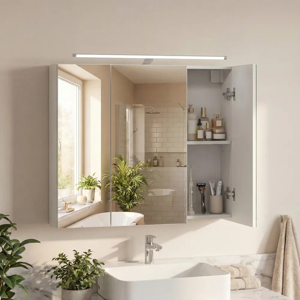 Armário casa banho com espelho 15 x 70 x 60 cm (P x L x A), armário suspenso com prateleiras ajustáveis, iluminação branco