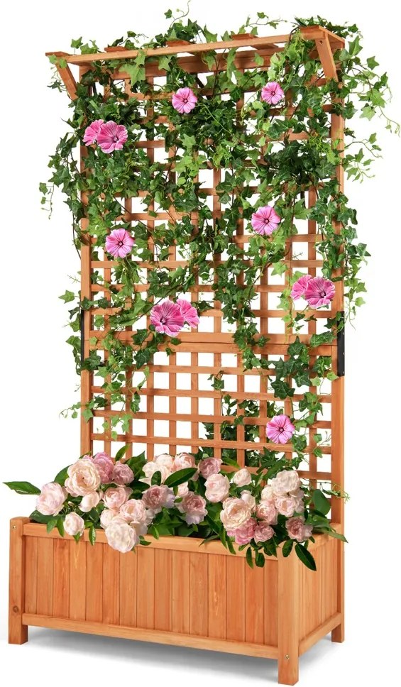 Floreira elevada para jardim 90 x 44,5 x 183,5 cm com treliça de madeira maciça com orifícios de drenagem para interior e exterior Natural