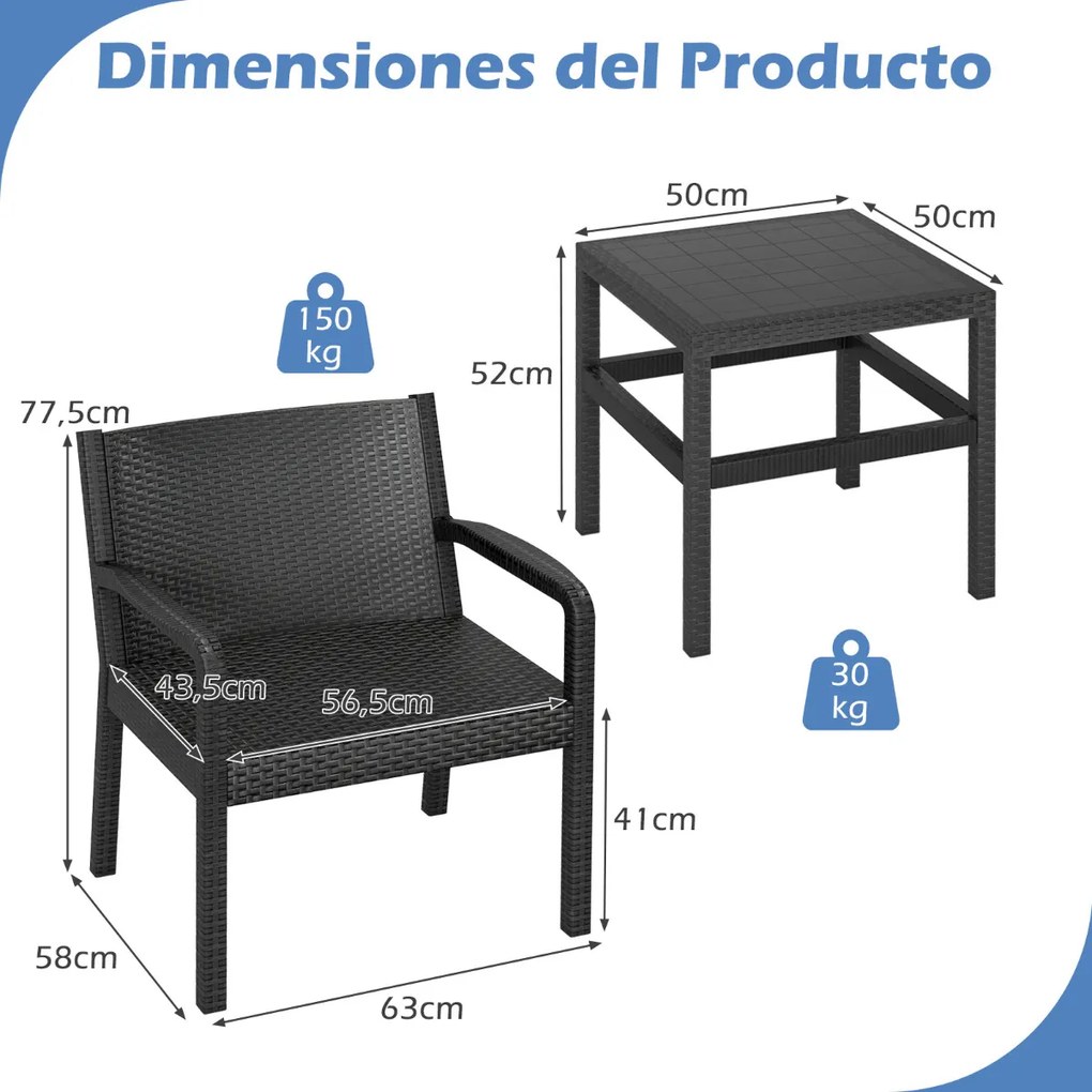 Conjunto de móveis de jardim de 3 peças com 2 cadeiras de rattan e mesa auxiliar de rattan PP preto