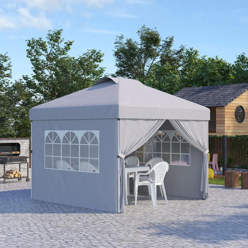 Tenda pop-up dobrável 3 x 3, altura ajustável, paredes laterais, aberturas de ventilação, janelas, saco de transporte com Rodas cinzento claro