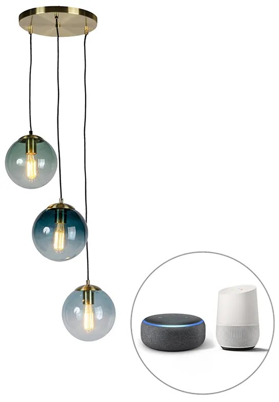 LED Candeeiro de suspensão inteligente latão com 3 WiFi ST64 com vidro azul - Pallon Art Deco