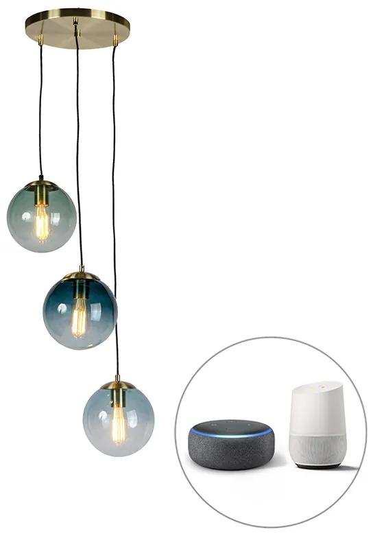 LED Candeeiro suspenso latão vidro azul 3-lâmpadas-WiFi-ST64 - PALLON Art Deco