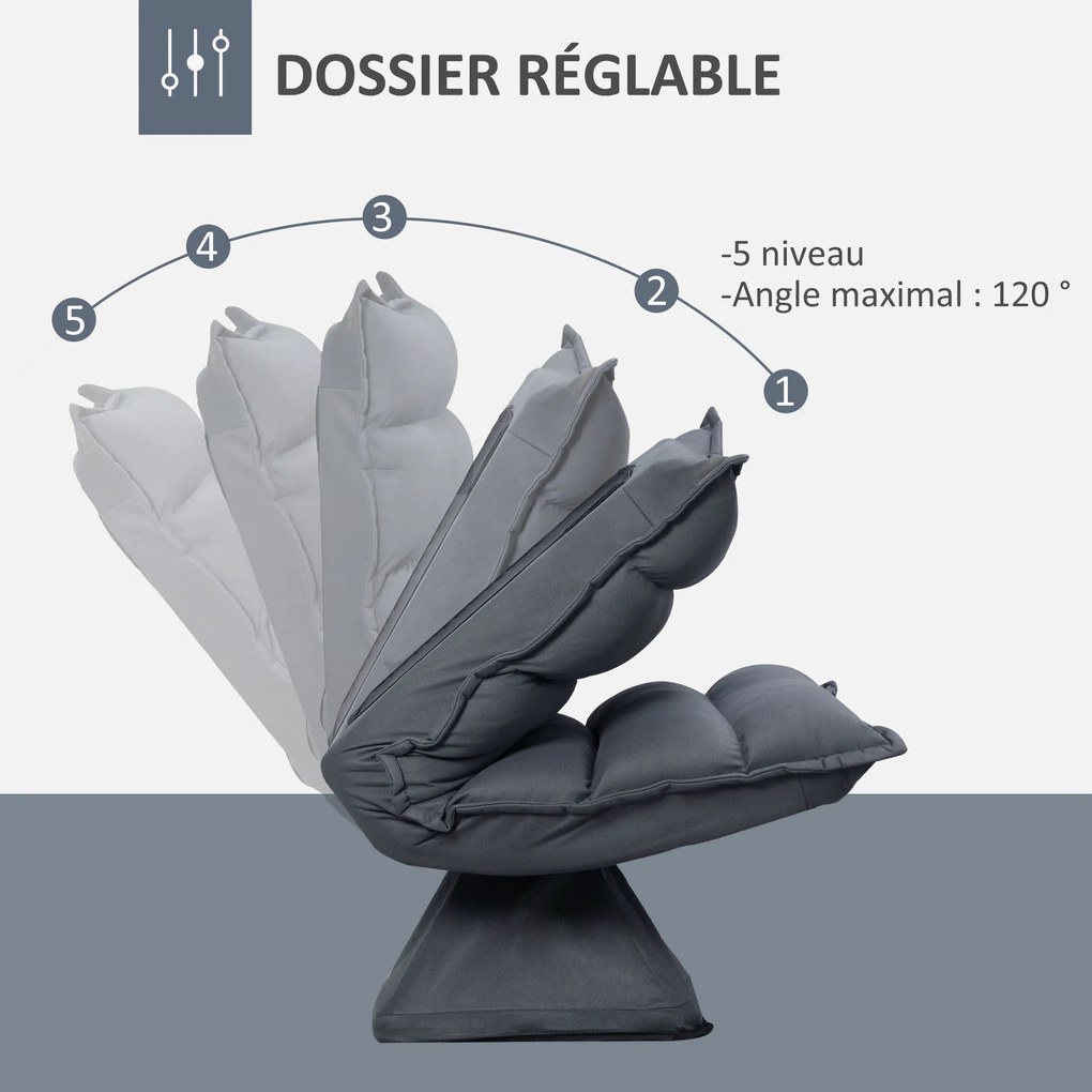 Poltrona giratória de 360° com encosto reclinável, design estofado, 62 x 62 x 95 cm, cinzento escuro