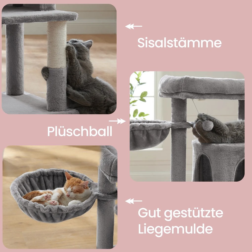 Arranhador para gatos com caverna e cesto suspenso 48,1 x 48,1 x 96,1 cm cinzento claro