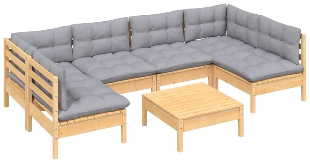 7 pcs conjunto lounge de jardim + almofadões cinza pinho maciço
