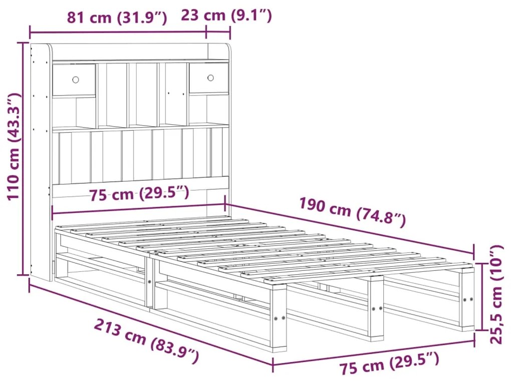 Cama com estante sem colchão 75x190cm pinho maciço castanho-mel