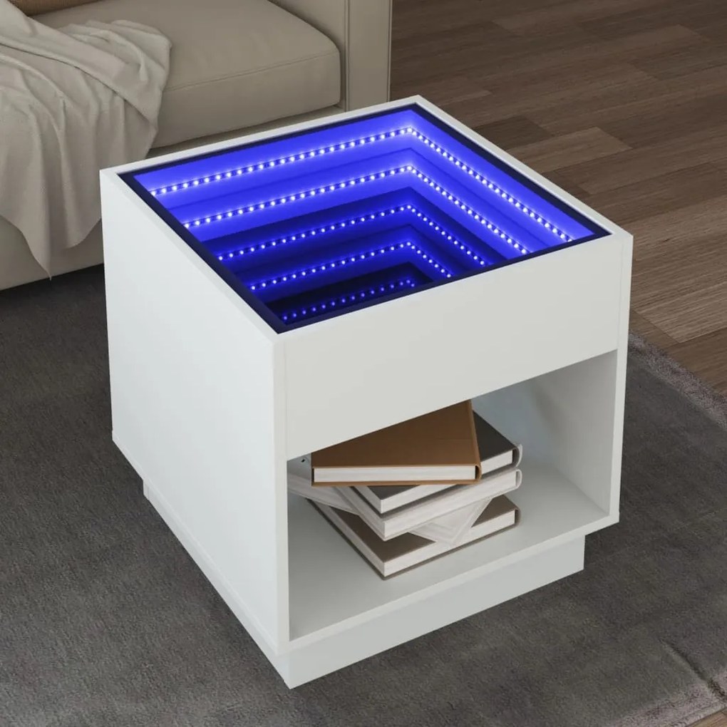 vidaXL Mesa de centro luzes LED Infinity 50x50x50 cm branco