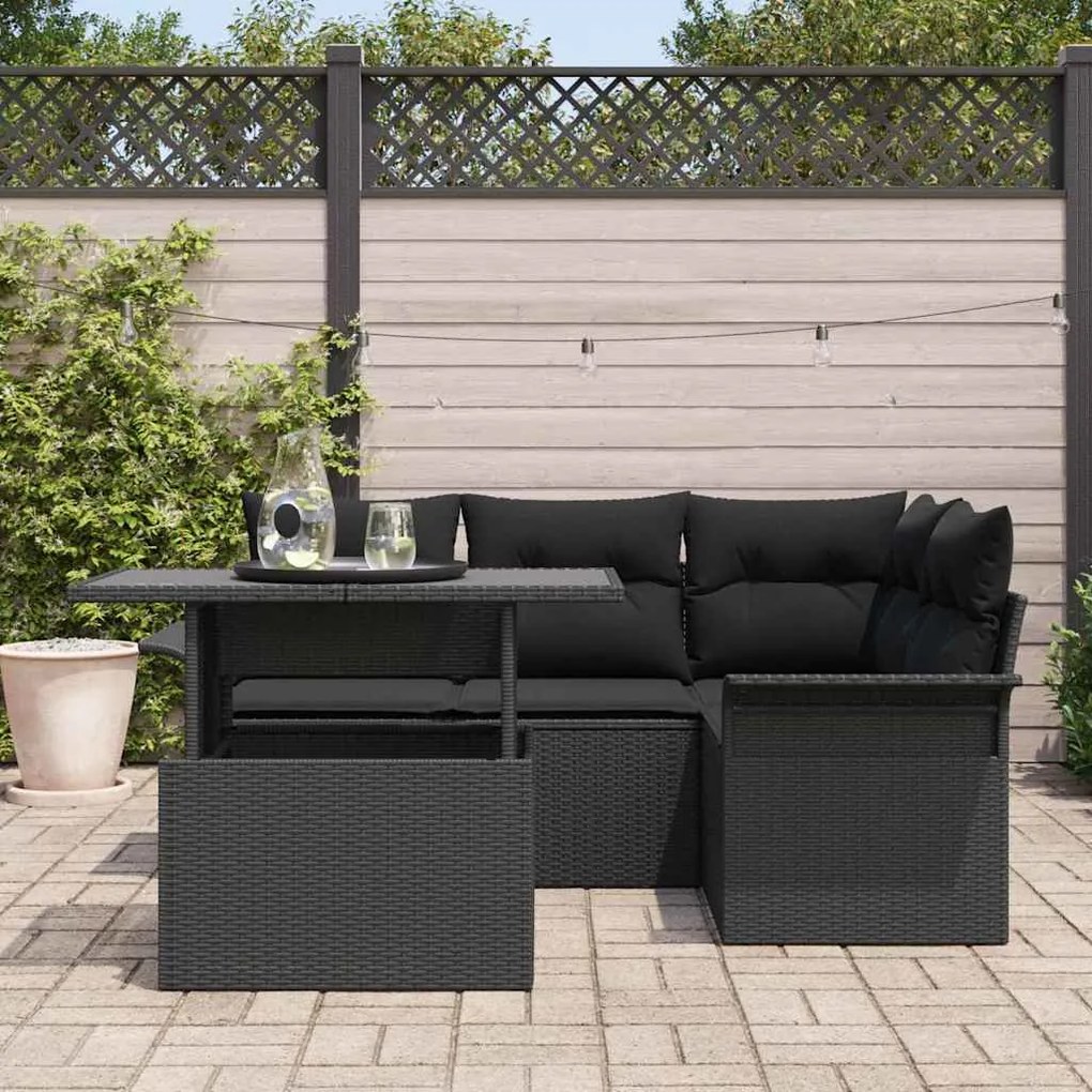 Conjunto de Sofá de Jardim de 5 Peças com Almofadas Preto de Rattan Po