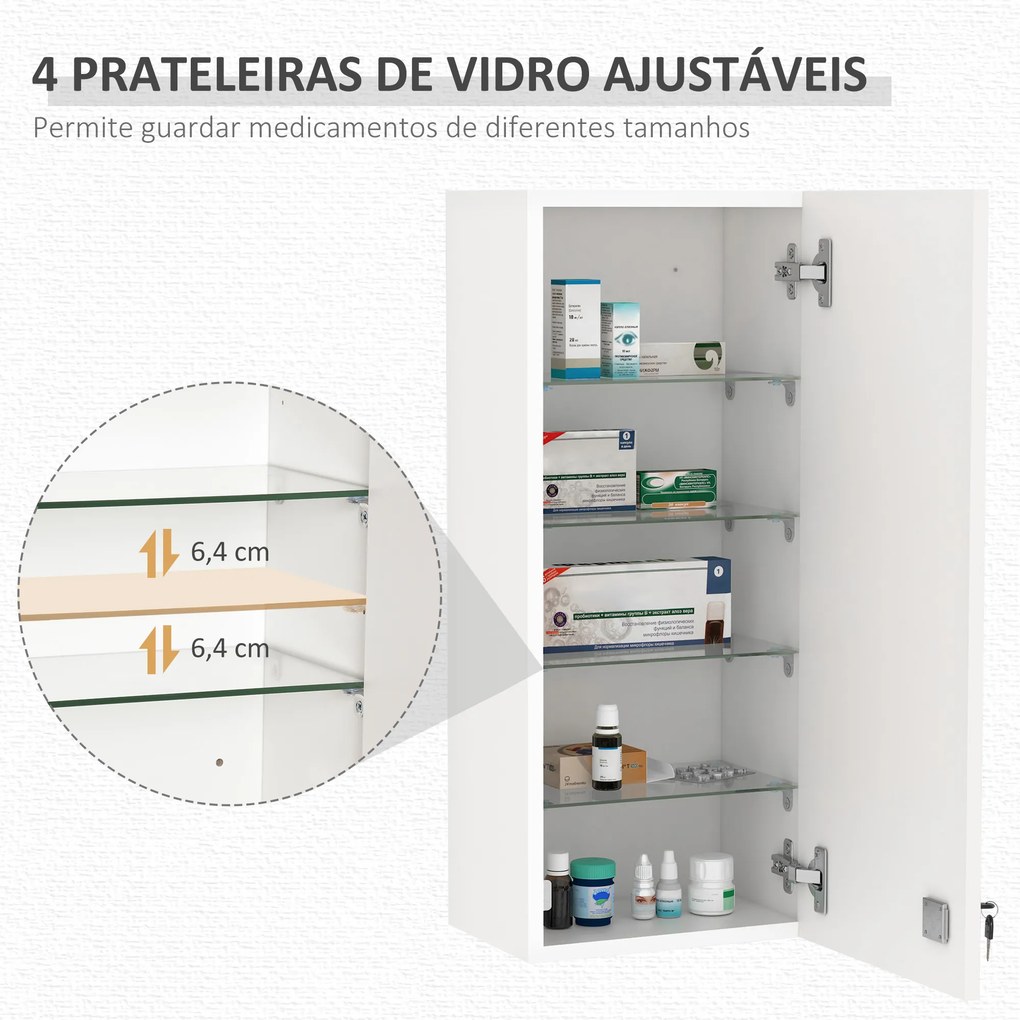 Armário de Medicamentos de Parede 5 Níveis com Prateleiras de Vidro Ajustáveis Fechadura Chaves 30x20x70 cm Branco