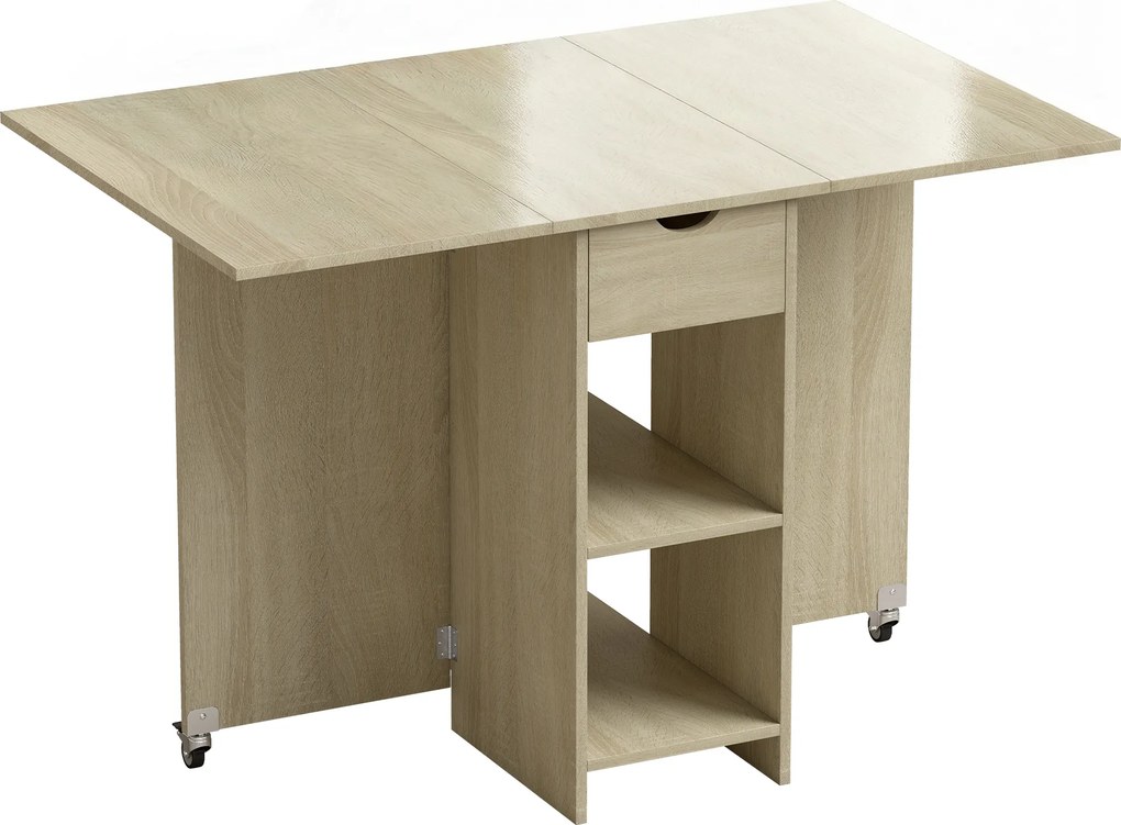 HOMCOM Mesa de jantar dobrável para 2-4 pessoas, mesa com rodízios e compartimento aberto e gaveta, ideal para espaços pequenos, Natural | Aosom Portugal