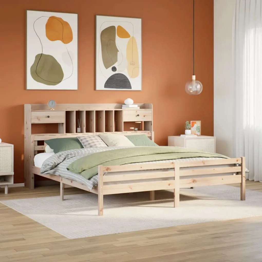 vidaXL Cama com estante sem colchão 200x200 cm pinho maciço