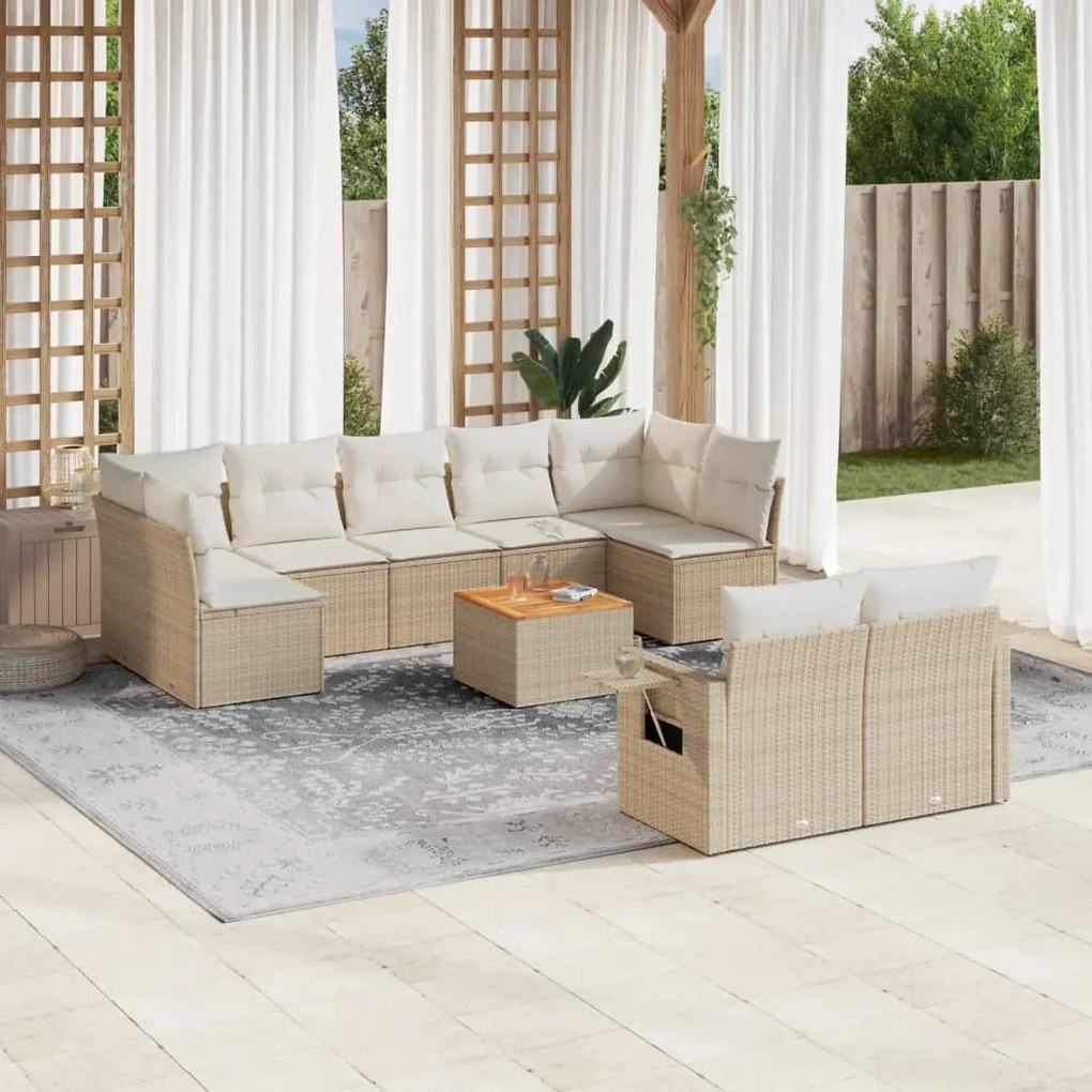 10 pcs conjunto de sofás p/ jardim com almofadões vime PE bege