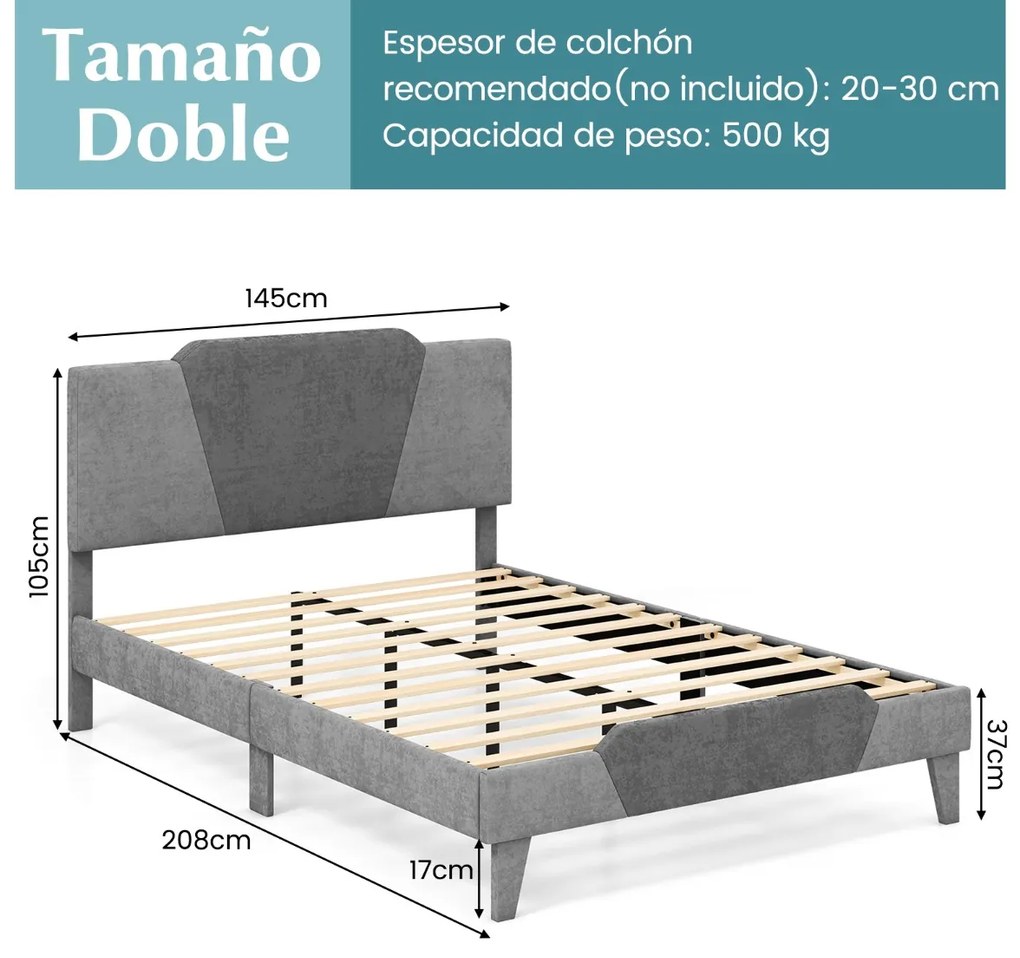 Estrutura de cama em veludo com cabeceira em ripas de madeira maciça para apoio do colchão (Não incluido) Fácil montagem. 208 x 145 x 105 cm. Cinza
