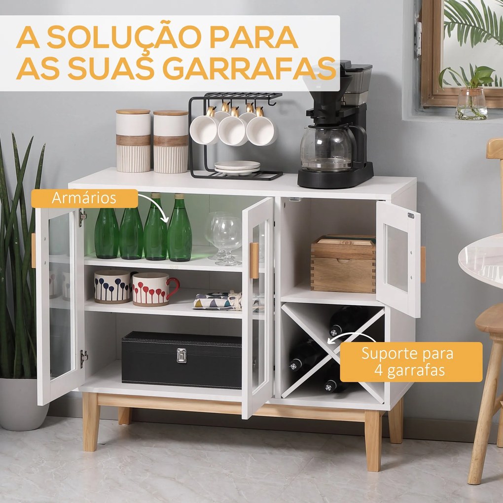 Aparador de Cozinha com 3 Portas de Vidro e Suporte para Garrafas em Forma de X para 4 Garrafas Móvel Buffet Auxiliar para Sala de Jantar Estilo Moder