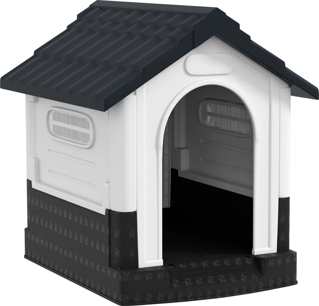 PawHut Casa para Cães Mini de Exterior em Plástico com 3 Janelas Base Elevada Telhado Inclinado 64,5x57x66 cm Cinzento Escuro | Aosom Portugal