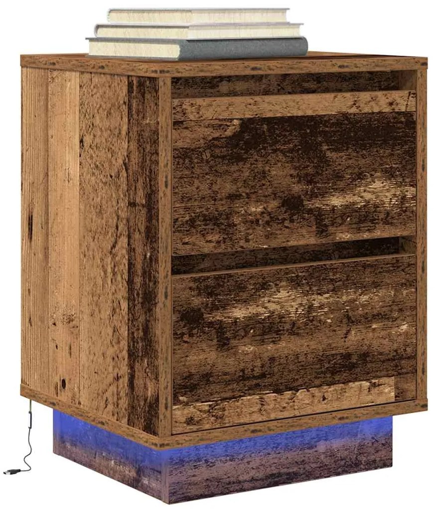 Mesas cabeceira c/ luzes LED 2 pcs 38x34x50 cm madeira velha