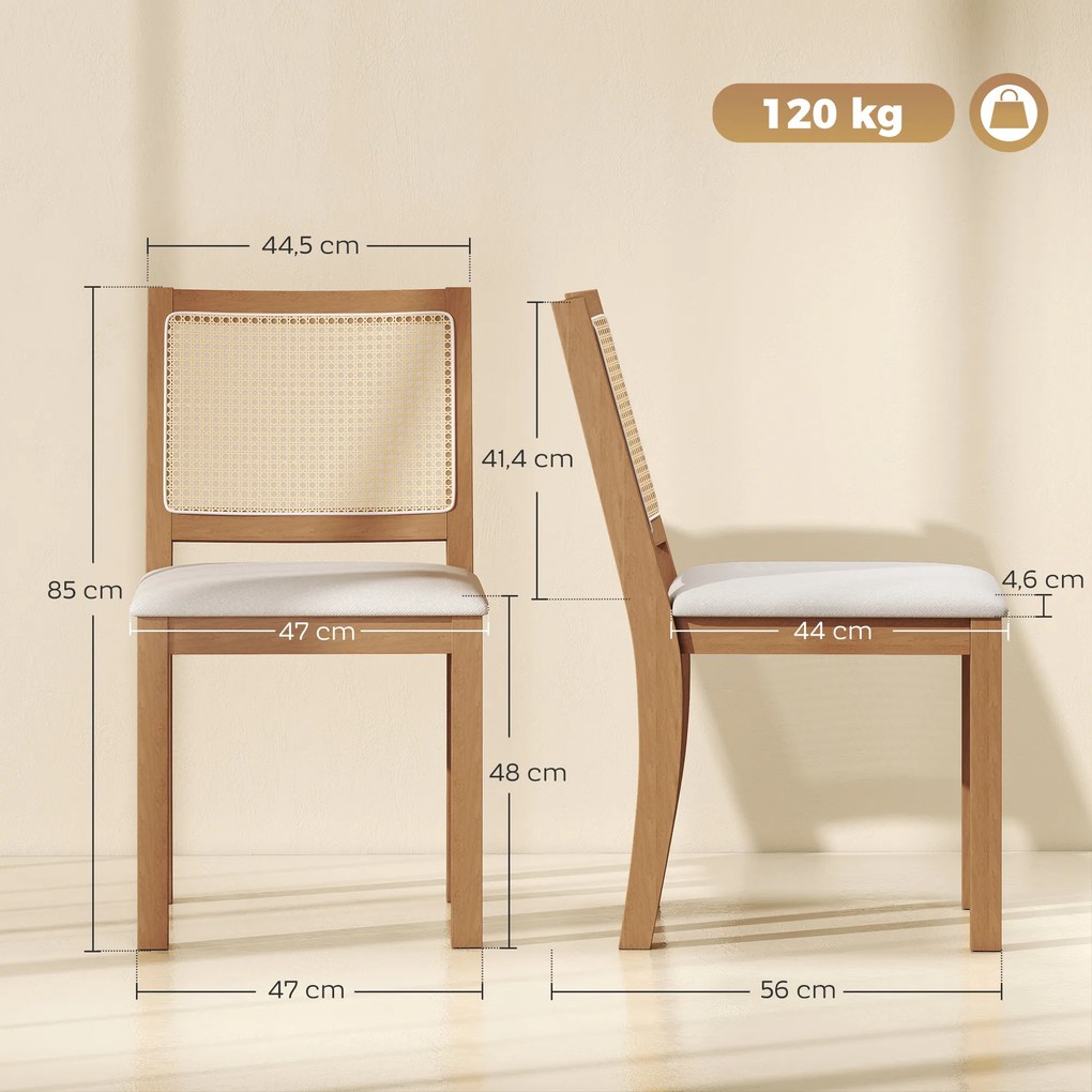 Conjunto de 2 cadeiras de sala de jantar e de cozinha com assento almofadado (MESA NÃO INCLUIDA), encosto com efeito de vime, nas cores creme e cor ca
