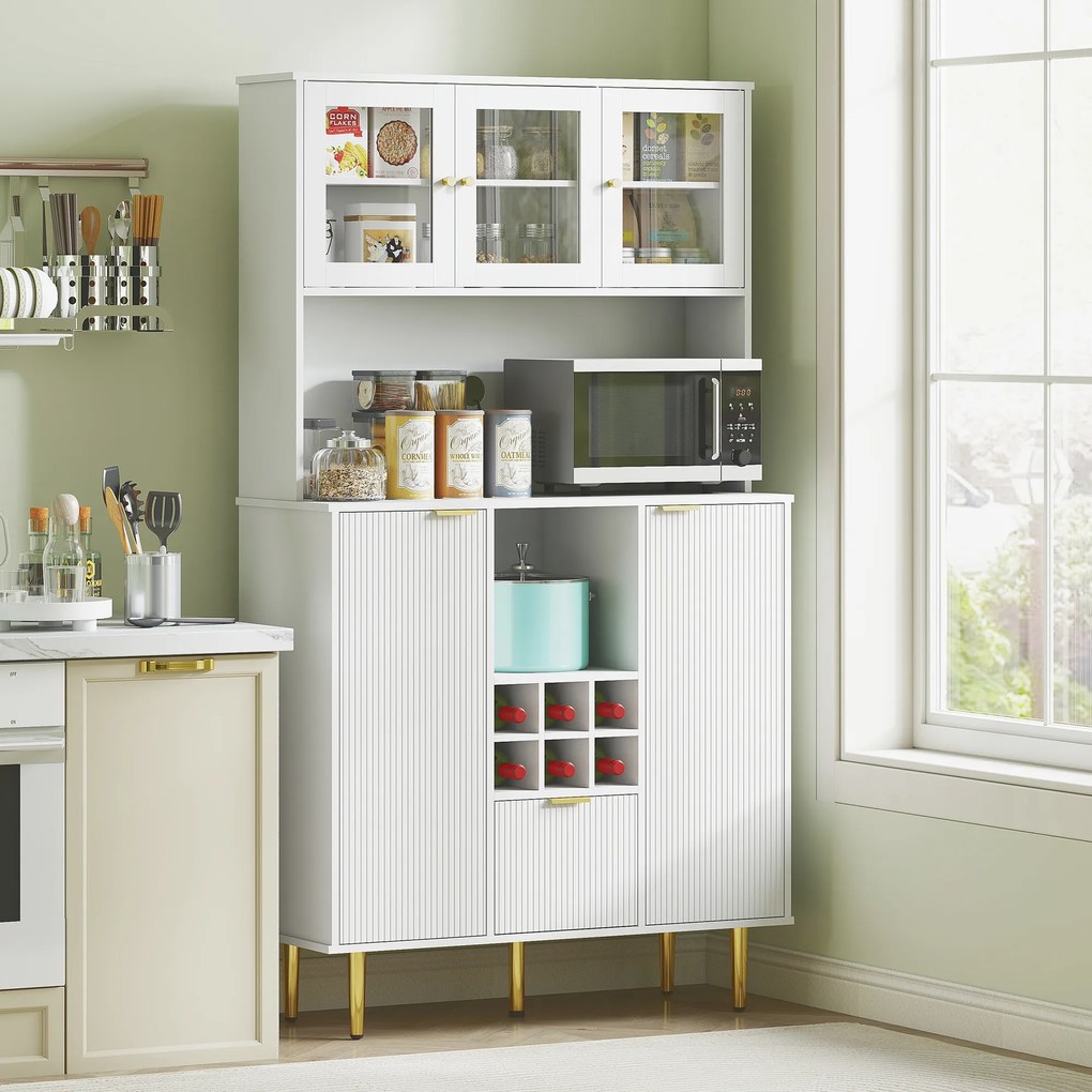 Armário de Cozinha Móvel Auxiliar de Cozinha Armário Alto com 3 Portas de Vidro Suporte para Garrafas 100x40x180 cm Branco