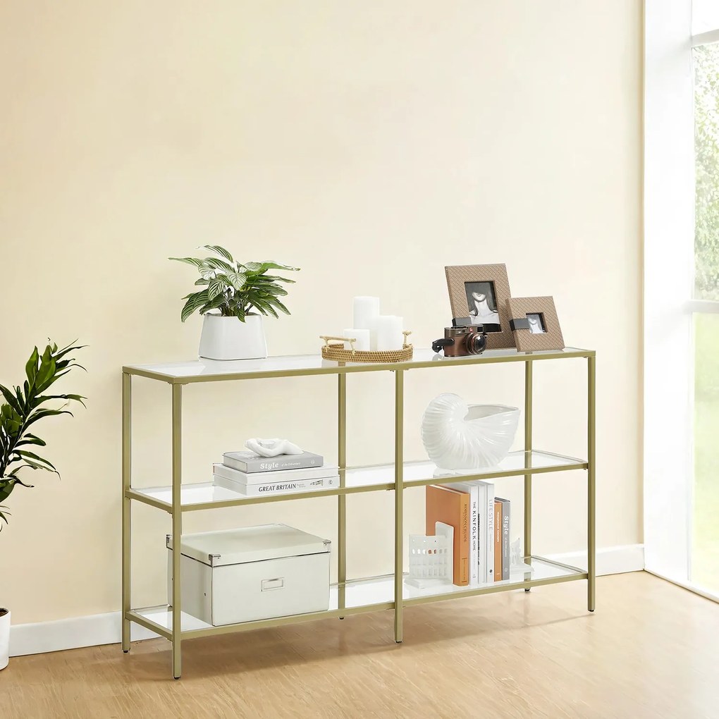 Mesa consola com 3 níveis 30 x 130 x 73 cm dourado e transparente