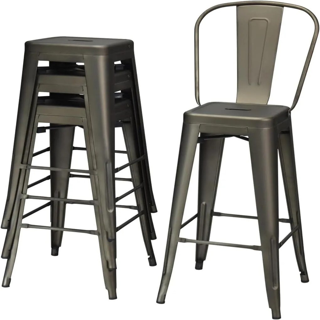 Conjunto de 4 bancos de bar em metal com apoio para os pés Cadeiras de cozinha com encosto amovível 43 x 43 x 116 cm Bronze