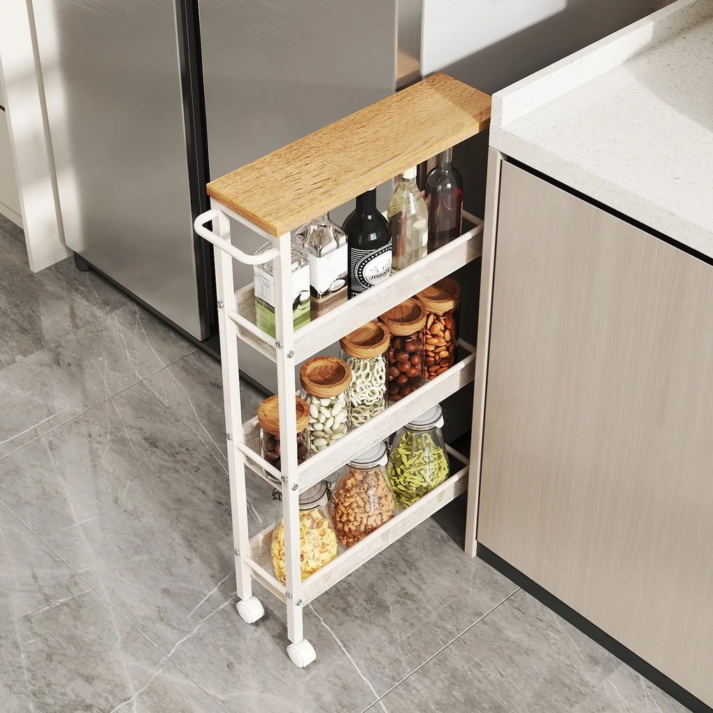 Carrinho de cozinha estreito 4 níveis com Rodas 13 x 45,4 x 77 cm cor de carvalho branco