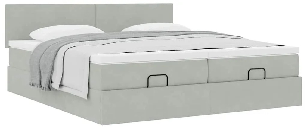 Estrutura cama otomana colchões 200x200cm veludo cinzento claro