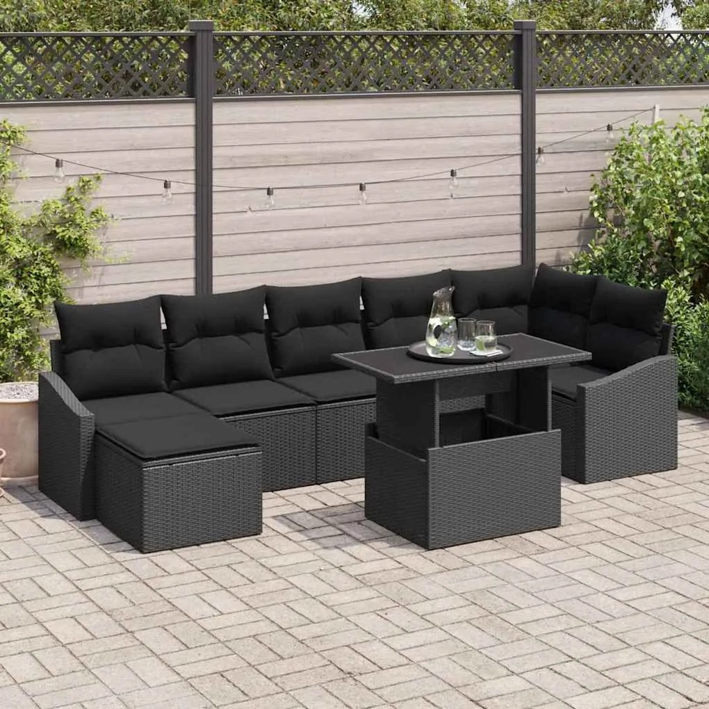 vidaXL Conjunto de Sofá de Jardim com almofada 8 pcs Preto vime PE