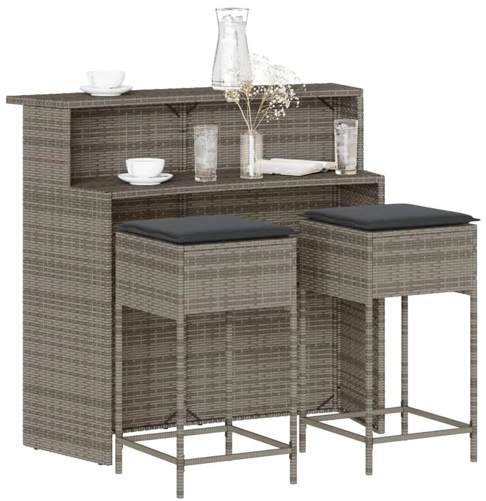 vidaXL 3 pcs conjunto de bar p/ jardim c/ almofadões vime PE cinzento